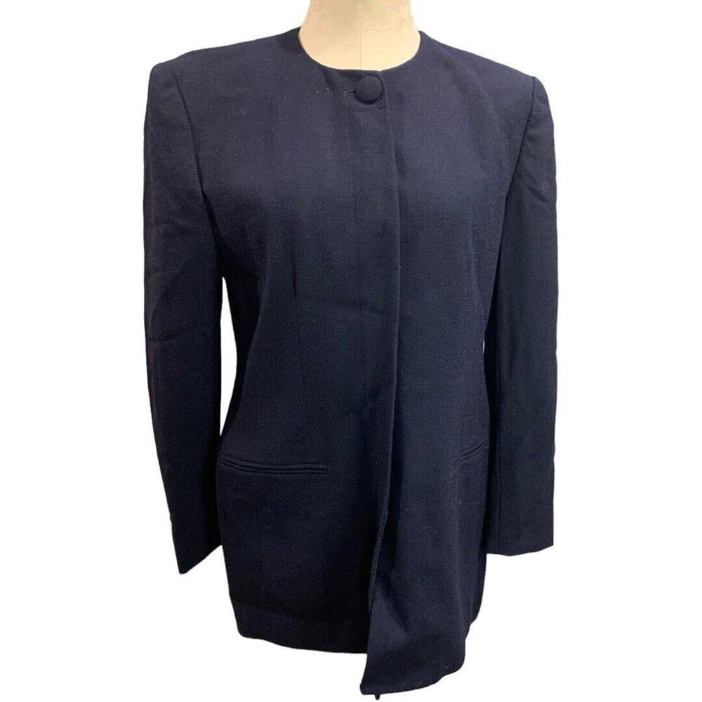 Size 8 Jones New York Women's 1990s Vintage Navy Blue Wool Blazer Below Hip